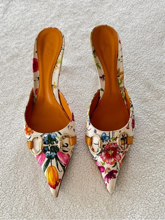 Gucci Floral Pointed Mule Heels - White Flora - Picture 4 of 9